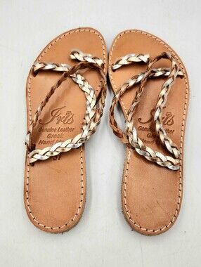 Iris Greek Vachetta Leather Braid Strappy Sandals Womens 6 Silver Gold Toe Loop